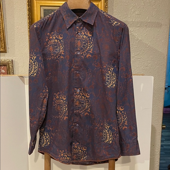 Tommy Bahama Purple and Gold Floral Button Down Shirt - Picture 1 of 9